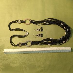 Vintage Silver Black Beaded Necklace & Earrings SET